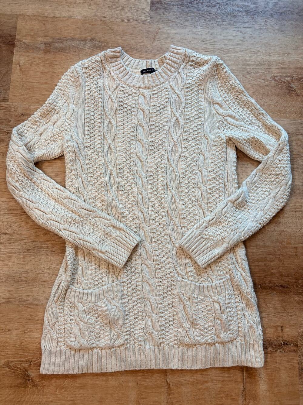 Jeanne Pierre Cream Cable Knit Tunic Sweater Dress Oversized Slouchy Pockets